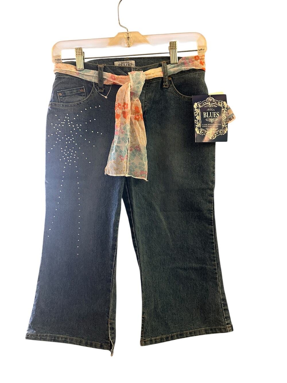 WTG Blue Wide Leg Belted Cropped Capri Denim Jeans Girls Sz 14-16